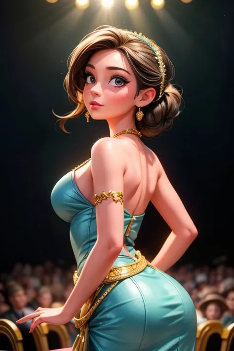 back view, a beautiful idol standing on stage, gracefully bowing to the audience, 1girl, elegant, beautiful detailed eyes, beautiful detailed lips, extremely detailed face, long eyelashes, dynamic pose, vibrant colors, dramatic lighting, cinematic, hyperre...