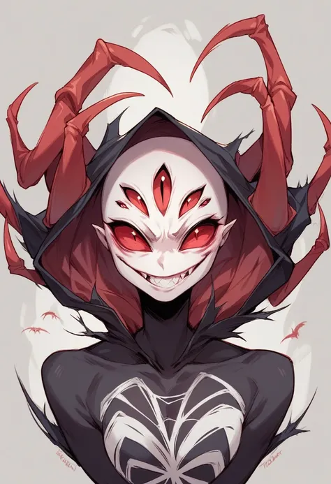 Humanoid creature, spider face, evil smile, red extra eyes