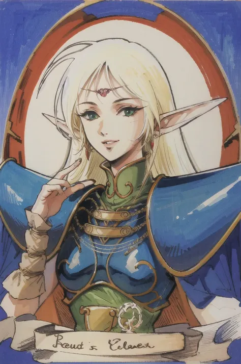 (masterpiece, Best Quality, Very detailed:1.5) , ((portrait, top)),Deedlit, Pointy Ears, Blonde, Long Hair, Elf, Circlet, Green Eyes, long Pointy Ears, very Long Hair, chest, medium chest, Earrings, lips, compensate, bangs, Cape, armor, blue Cape, shoulder...