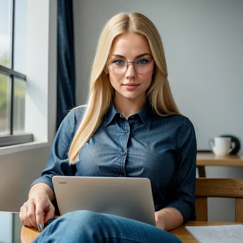 Photo RAW UHD of a 2 blonde (Blue-eyed woman high level of detail), long blonde hair, sitting at the table tapping on a laptop, wearing glasses and black shirt and blue jeans, muscular butt, detailed face pores , looking at the camera, long legs, oily skin...