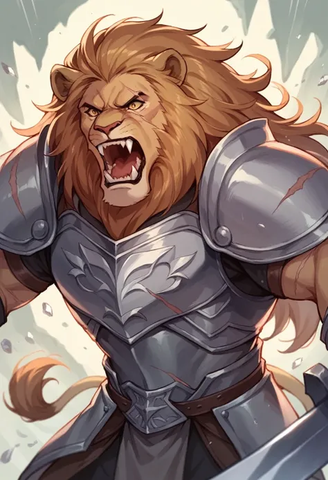 Humanoid creature, lion head, roaring, silver armor, diamond sword, scars on his face