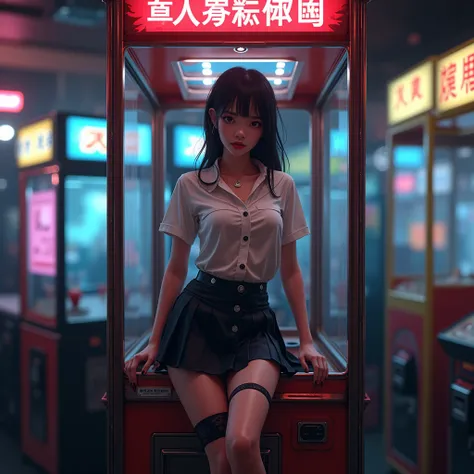 Sexy schoolgirl becomes a prize in a crane game, Cramped posture