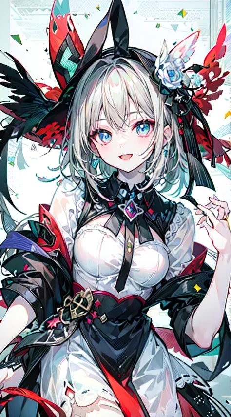 masterpiece , Highest quality , Super detailed , woman , smile , Open your mouth , Shiny Hair , Beautiful Eyes , cute , cute,,high school girl,Gray Hair,Long Hair,Pale skin, Mid-chest,blue eyes