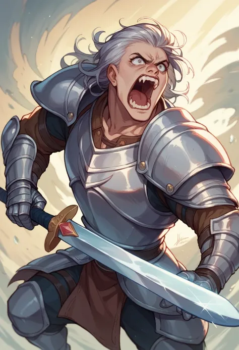 Woman, lioness head, roaring, silver armor, holding a diamond sword 