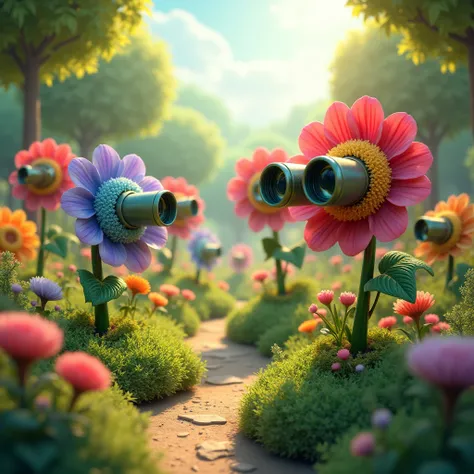 ((Masterpiece)), ((ultra-detailed, 8k quality)), (top quality), (best composition), (high resolution), A whimsical scene of a flourishing garden where all the flowers are shaped like binoculars. Each flower has a vibrant, surreal appearance with detailed p...