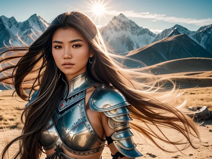 Morning breeze. A beautiful Kazakh female warrior with exquisite facial features, her long hair blown by the wind, strands of hair scattered across her face. Her face is illuminated by the rising sun. She dressed in silver armour bikini. With a majestic mo...