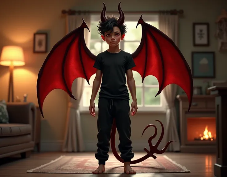 ((perfect anatomy)), ((ultra realistic)), ((perfect image)), ((perfect face)), ((ultra detailed)), ((full body)), a boy standing in a cozy rustic room, demon boy, ((incubus)), he has big dragon wings, with horns on the head, He has a demon tail on his back...