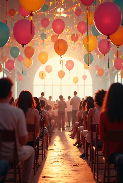 A wide shot of the community center, decorated for an event with colorful balloons and banners. The atmosphere is lively, filled with warmth and anticipation. Chairs are arranged in a circle, symbolizing openness and connection, creating a welcoming enviro...