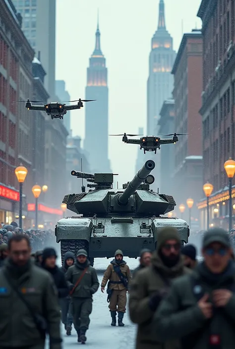 Russian military parade, russian t-90m main battle tank armed with 125mm cannon, 2 russian fpv gun drones, damaged buildings, new york city skyline, snow, dramatic lighting, shadows, crowds of men and women cheering soldiers, best quality, 4k, 8k, highres,...