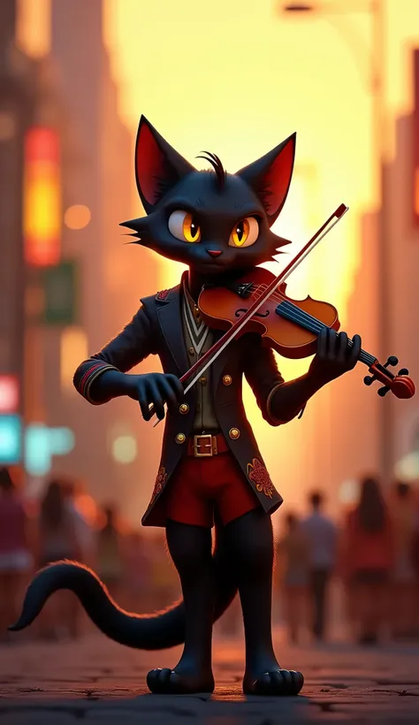 Wide Shot, Golden Hour: Shadow, a sleek black anthropomorphic cat with a vibrant outfit and a violin, performs in the heart of the bustling city. His face lights up as people gather to hear his soulful music. The sunset casts a warm glow on the crowd, as h...