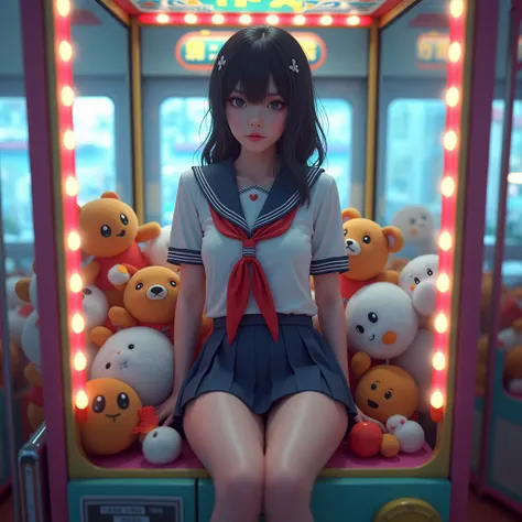 5 Sexy JK becomes a prize in a crane game, Trapped in Game machine, ぬいぐるみに埋もれて, (RAW PhotoRealistic:1.6), Specular Reflection