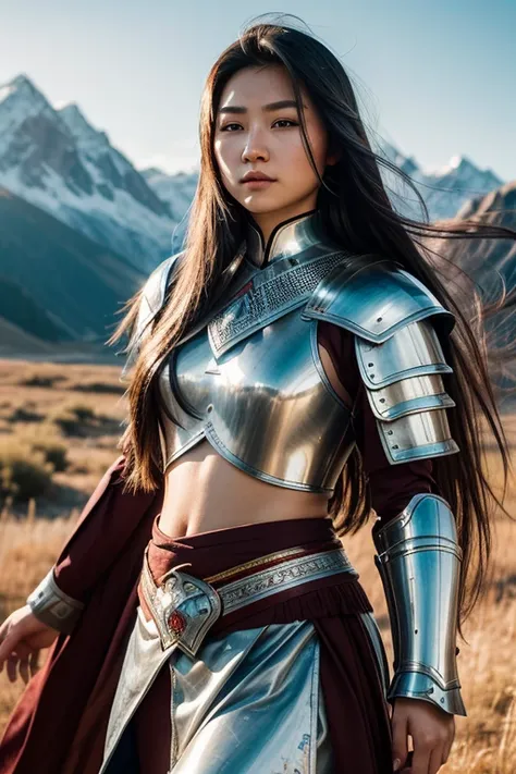 Morning breeze. A beautiful Kazakh female warrior with exquisite facial features, her long hair blown by the wind, strands of hair scattered across her face. Her face is illuminated by the rising sun. She dressed in silver armour with open belly. With a ma...