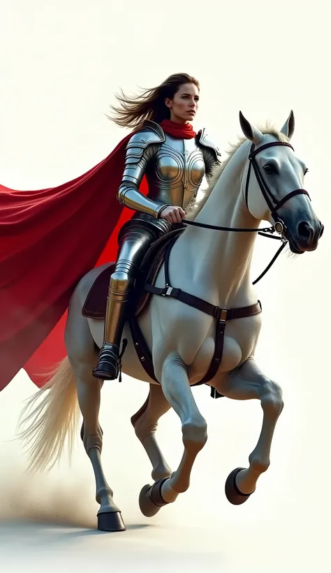 live-action、Real、Very beautiful woman on horseback、Silver Armor、Red Cape、Run with all your might！Hair and cape fluttering in the wind、White background