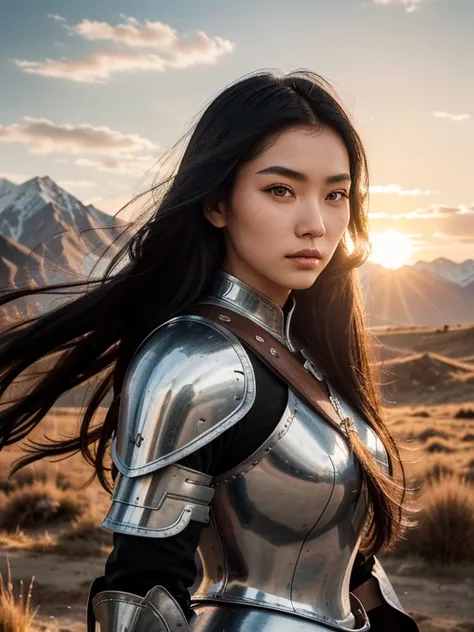 Morning breeze. A beautiful Kazakh female warrior with exquisite facial features, her long black hair blown by the wind, strands of hair scattered across her face. Her face is illuminated by the rising sun. She wears a silver armour. With a majestic mounta...