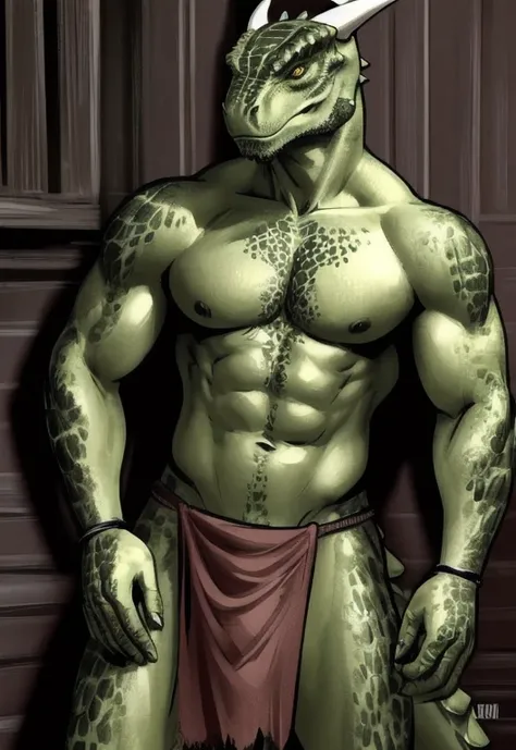 (By bgn) anthropomorphic, solo, human anatomy, adult, tall, mature, anthro, (argonian (skyrim), argonian, green scales, green scalie, green body, white horns, chest scar, torso scar), (fit body, lean, pecs, muscular), (metal armbands, metal arm bands), (se...