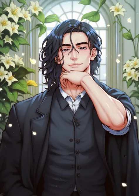 absurdres, highres, ultra detailed, HDR, master piece, Severussnape, black hair, shoulder length hair, expressive dark eyes, sexy man, best quality, Bungou Stray Dogs, solo, sensual, handsome, petals, black coat, detailed face, glittering eyes, detailed ey...