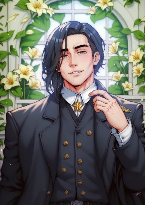 absurdres, highres, ultra detailed, HDR, master piece, Severussnape, black hair, shoulder length hair, expressive dark eyes, sexy man, best quality, Bungou Stray Dogs, solo, sensual, handsome, petals, black coat, detailed face, glittering eyes, detailed ey...