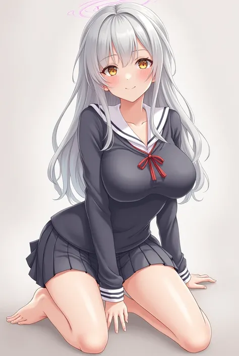 One girl, Long Hair, Silver Hair, Large Breasts, smile, Illustration, 	school uniform,	spread legs,