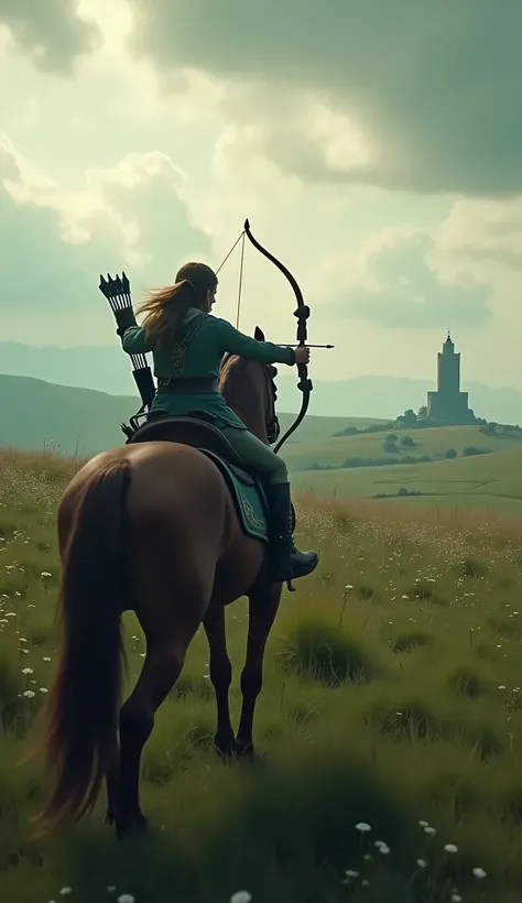 live-action、Real、Link on horseback、Aiming for the tower in the distance、Hyrule Field、Cloudy