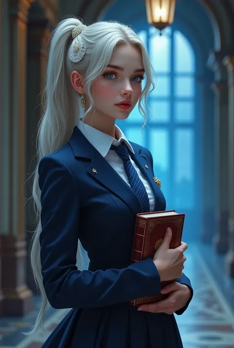 realistic drawing, extremely beautiful woman, Long platinum blonde hair with lace in a perfect ponytail, blue eyes, porcelain white skin, reddish lips, rosy cheeks, white jewels, wears school uniform, dark blue skirt and jacket, White shirt, blue striped t...