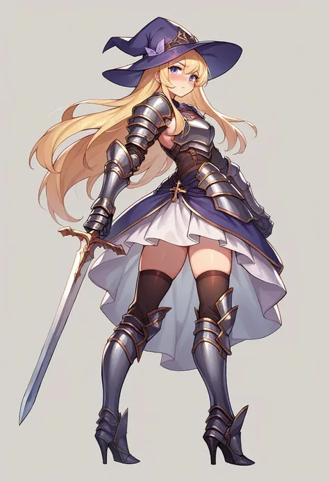 1girl, solo, long hair, looking at viewer, blush, blue eyes, simple background, blonde hair, dress, thighhighs, hat, holding, standing, purple eyes, full body, thighs, looking back, armor, high heels, cross, gauntlets, armored boots, huge weapon, planted s...