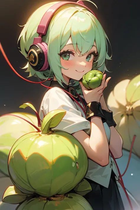 cute streamer girl smiling with a custard apple, that has headphones 