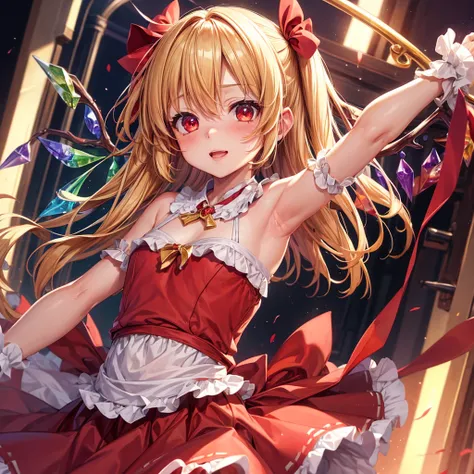 One girl, High resolution, Flandre Scarlet, Arm Raise, Armpit, Flat Chest, Best Quality, Blushing, Roll your eyes, anime, 