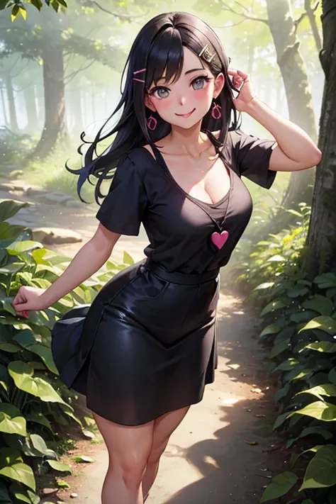 1 girl, tongue out, medium-large breasts, Heart earrings, blush, smile, happy, smile ligera, Keep with mouth, foreground, Hair clip, animated style, High resolution, necessary, anatomically correct, The best quality, High details, "Create a realistic anima...