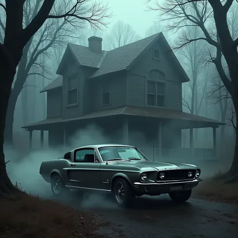 1968 Ford Mustang parked in front of a scary house in the middle of the forest, The weather is foggy and scary.