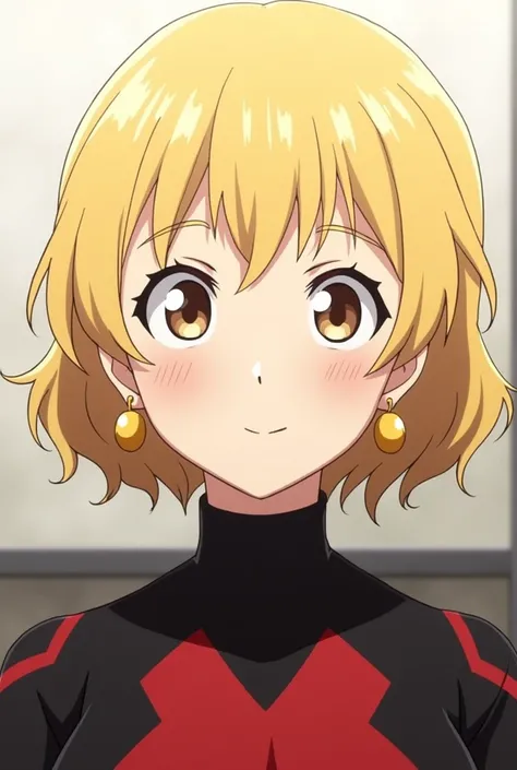 screenshot of my hero academia,girl with short blonde wavy hair with straight bangs has brown eyes and has a blushing expression and a smile,wear round gold earrings,He wears a black and red hero suit,