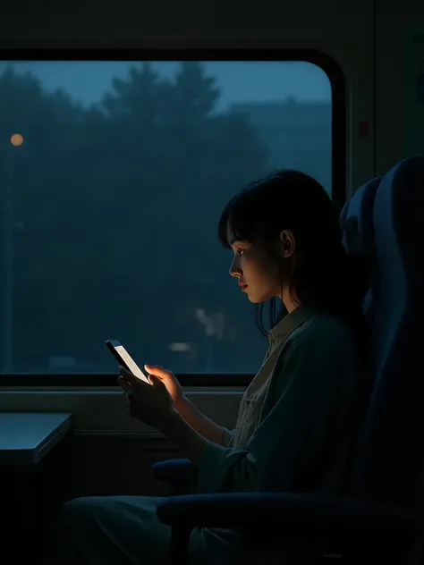 A young woman sits alone in a dimly lit train. She checks her phone, her face illuminated by the faint glow. Outside the window, nothing but pitch-black darkness.