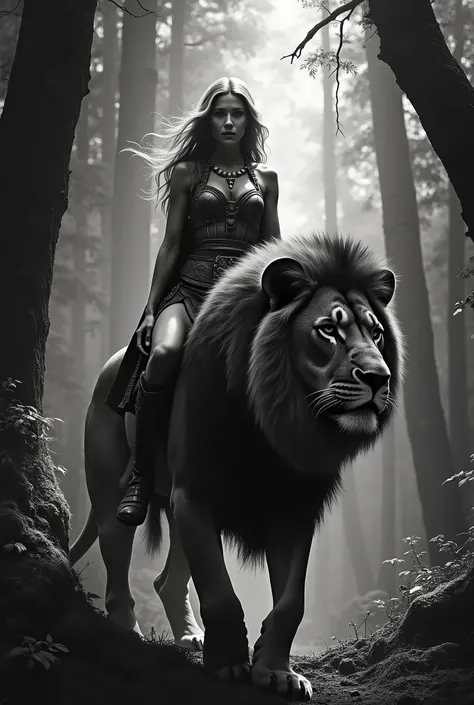 a daguerreotype black and white portrait of an Amazon warrior woman riding a large lion in a dense forest, extremely detailed and realistic, cinematic lighting, dramatic composition, chiaroscuro, photorealistic, painterly details,  Gustav Dore style