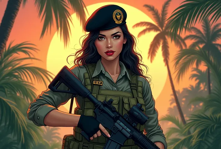 ((Masterpiece)), ((ultra-detailed, 8k quality)), (top quality), (best composition), (high resolution), vintage style illustration of a female soldier in a tropical setting, wearing a military camouflage uniform and a black beret with insignias, complemente...