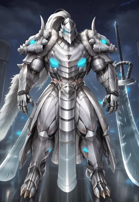 Platinum_Dragon_Lord_Armor, solo, melee weapon, weapon, armor, plate armor, sword, floating weapon, anthro, hi res, knight, clothing, helmet, detailed background, night, energy, starry sky, fromsoftware, mammal, absurd res, glowing, male, midair, white fur...