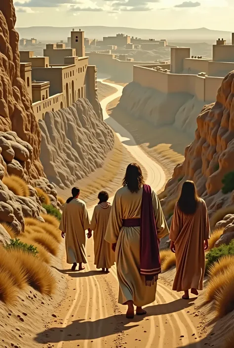 JESUS WITH HIS BACK WALKING WITH TWO WOMEN TOWARDS ANCIENT JERICHO LARGE IMAGE
