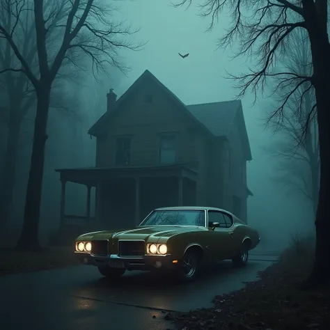 1970 Oldsmobile Cutlass parked in front of a scary house in the middle of the forest at night, The weather is foggy and scary.