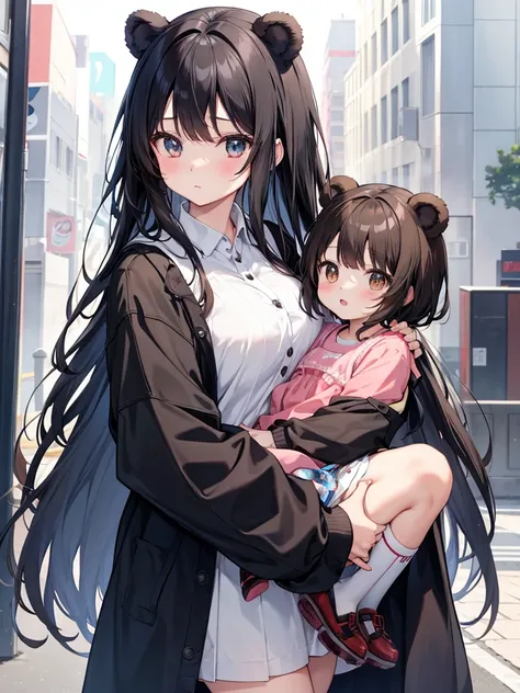 An anime woman、She has long black hair and cute brown bear ears.、My husband and I are holding our daughter&#39;s hand.。My husband is a blonde anime guy with brown hair.。