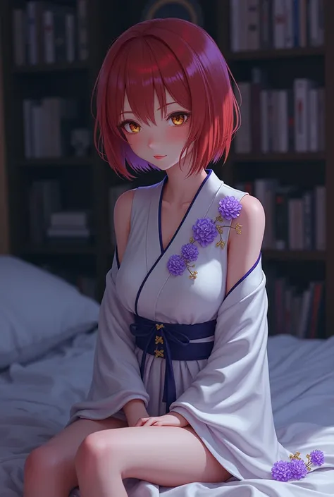 teenage girl with short red hair and yellow eyes, wearing a white Japanese outfit with violet flowers, sitting on the bed with a sleepy expression on her face. loose clothing, nighttime environment. bookshelf in the background. low light environment.