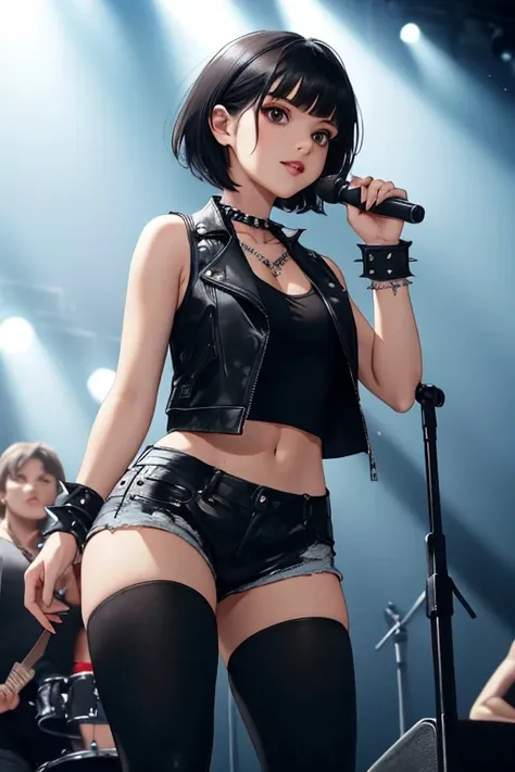 1 young girl,
short black hair, 
Bright brown eyes in the background of a concert, she has a serious look, she is wearing a black sleeveless top with a blue leather jacket, some black mini shorts with long tights and rocker boots, a spiked necklace and lot...