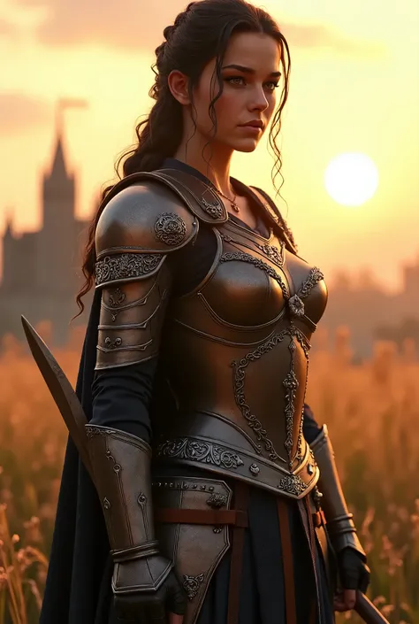 A realistic warrior princess, her dark hair tied back in a loose braid, wearing functional yet beautiful armor with intricate designs. Her face shows determination and wisdom, with sharp, focused eyes. She holds a spear or sword, standing tall in a grassy ...