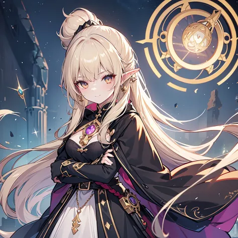 eye patch、witch costume、elf、grimoire、magic circle、long hair, chest, blonde, ponytail, pointy ears, best quality, snap your finge...