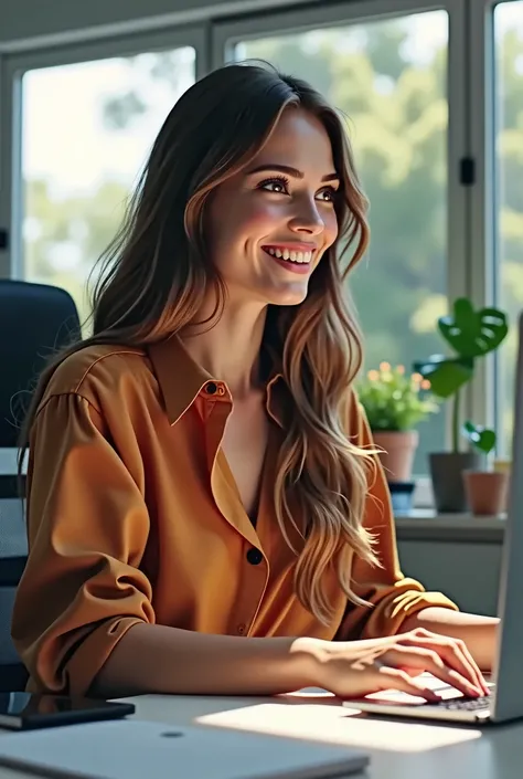 Create a person on a computer doing work 1 girl, long hair, smile, The best quality, Excited