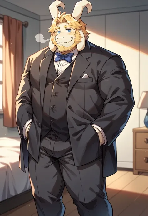 Asgore，Anthropomorphism，Solitary，Mature male，Fat Uncle，Blonde beard，Smile，Blue pupils，Blonde eyebrows，Black suit，Hands in pockets，bedroom，Steam Age。