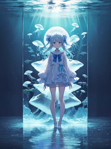 Jellyfish、光るJellyfish、aquarium、girl、In the water、Spread your hair、aquarium、Light blue transparent hair color、Sailor suit、Beautiful colors、Neon Colors、