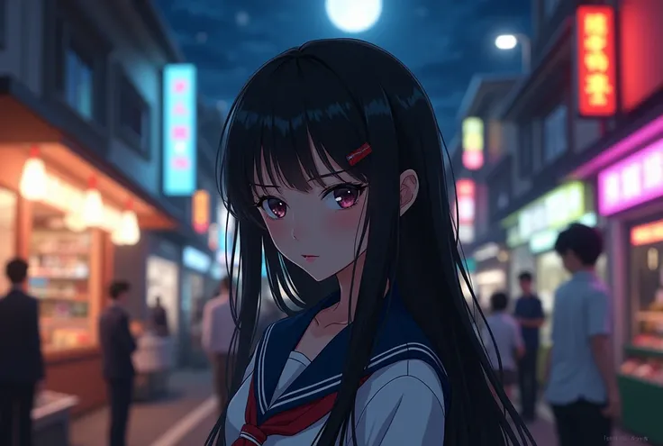 (backlighting,navel:1.1,black hair),A beautiful woman wearing school uniform on the bustling streets of Gintama, surrounded by vendors, beautiful portrait of a stunning goddess girl, beautiful detailed face, porcelain skin, half body shot, centered,((moonl...