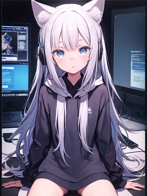 One girl, young, cute, Long silver hair, blue eyes, Wearing a plain blue hoodie, darkroom, hacker, computer, Cat ears on headset, Absurd, High resolution, Super sharp, 8k, masterpiece, Staring at the viewer