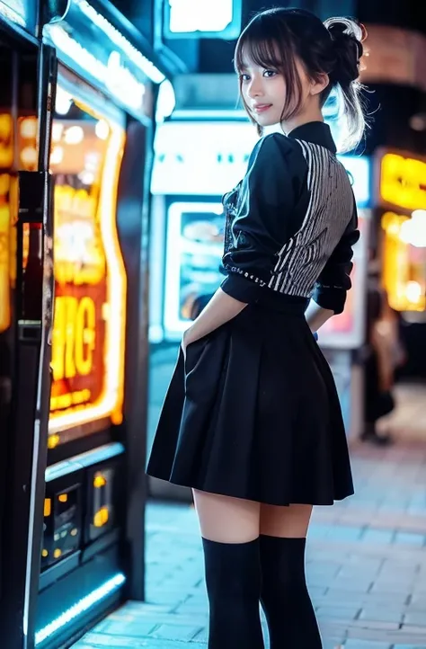 (best quality, masterpiece:1.2), dutch_angle, beautiful and clear background, Animation Shopping Arcade, 2 Girl, smile, (Hairstyles Two Tone:1.2) , girl punk outfit, Black Striped Knee Socks, thick-soled shoes, 