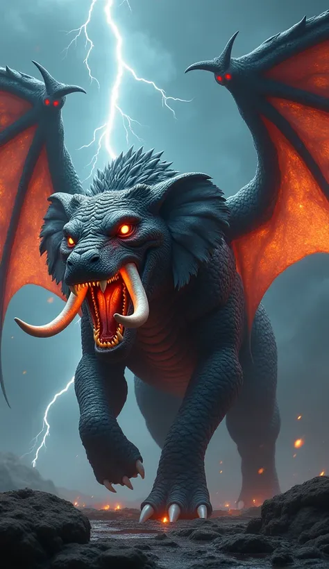 A powerful and fearsome hybrid fusion of a elephant +crocodile and a dragon. The creature has the muscular body and mane of a elephant +crocodile but its mane is intertwined with sharp dragon scales. Its eyes glow with a fiery intensity, and massive dragon...