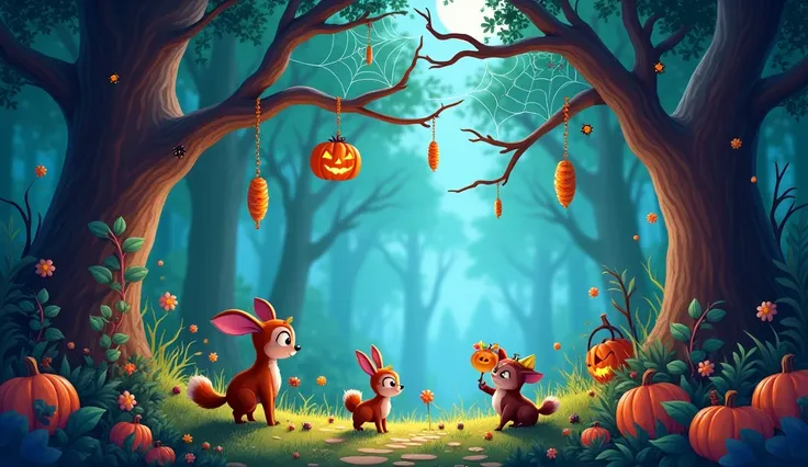 A forest with decorations with hanging candy and spider webs decorated with Halloween in an animated version 