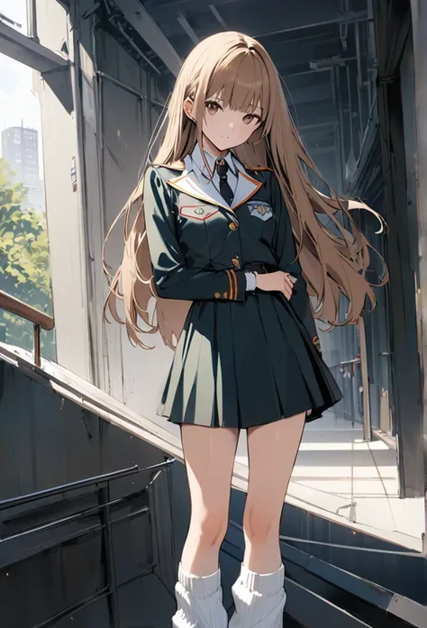 (cover of a fashion magazine),(favorite posing),(1 Highschool gal,uniform,slim,small breasts,long brown straight hair,Side bangs,Slope_eye),(loose socks),break,conceptual art, masterpiece, Super Detail, Attention to detail, high quality, highest quality, H...